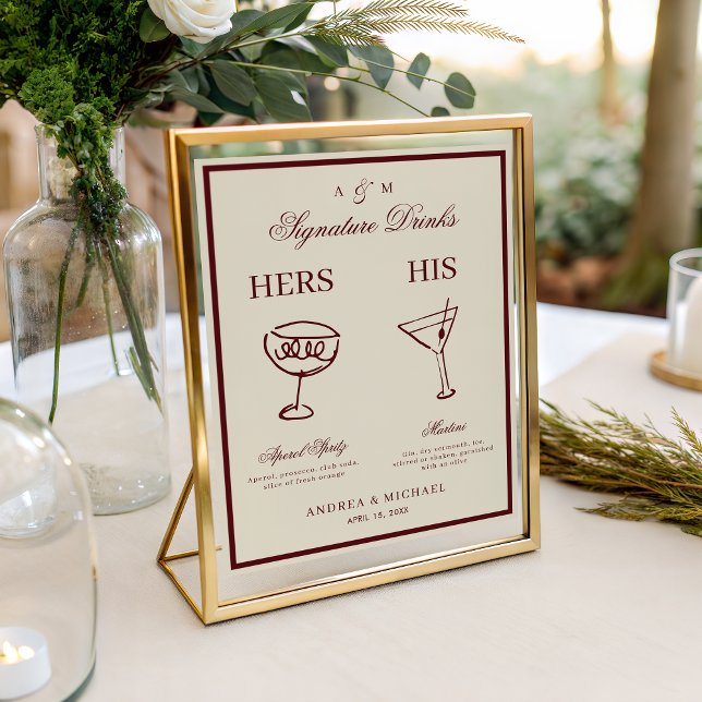Poster Ivory & Burgundy Retro Signature Drinks Sign (Criador carregado)