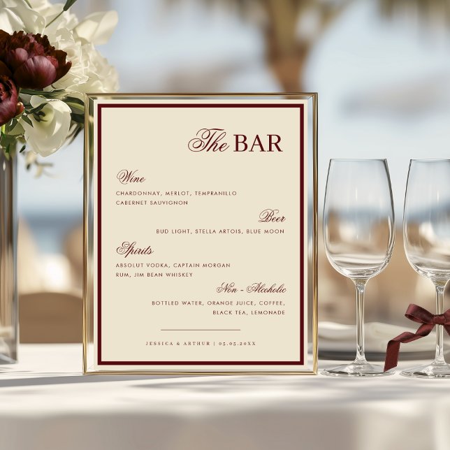 Poster Ivory & Burgundy The Wedding Bar Drink Menu Sign (Criador carregado)