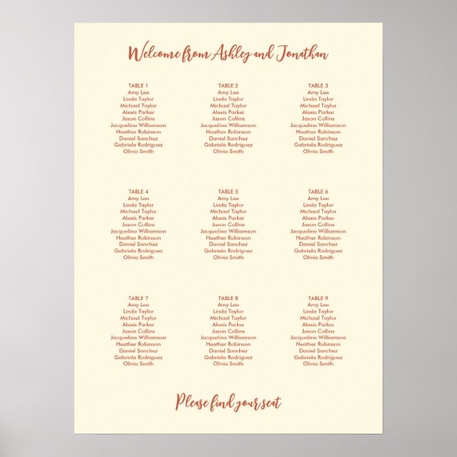 Poster Ivory Cream Terracotta 9 Mesa Seating Chart (Frente)