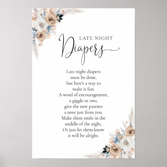 Poster Ivory E Blue Boho Chá de fraldas Floral (Frente)