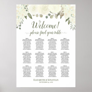 Poster Ivory White Roses 12 Gráfico de Assentos de Casame