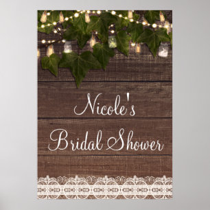 Póster Ivy & String Lights Mason Jar - Banner Rustic Post