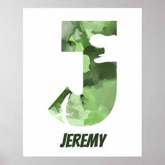 Poster "J" Dinossaur Watercolor, Nome Verde da Criança Po