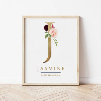 Poster J - Letra Monograma Nome Marsala Floral Nursery