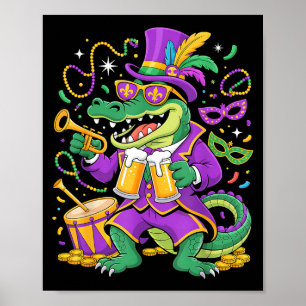 Poster Jacaré engraçado do Mardi Gras bebendo pulseira ho