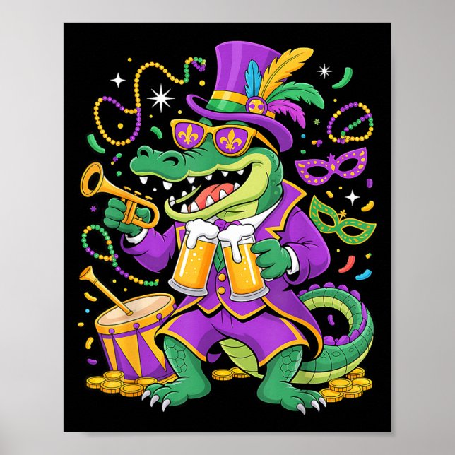 Poster Jacaré engraçado do Mardi Gras bebendo pulseira ho (Frente)