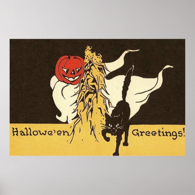 Poster Jack O' Lantern Ghost Black Cat Cornstalk (Frente)