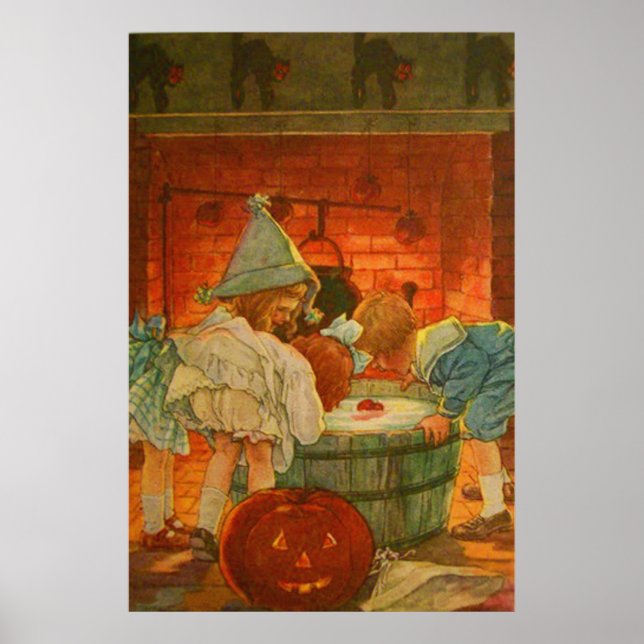 Poster Jack O Lanterna Pumpkin Bobbing Apple Black Cat (Frente)