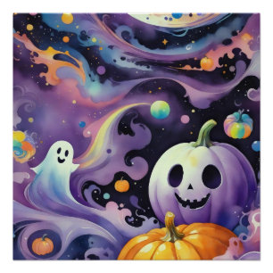 Póster Jack-O-Lanternas e Fantasmas Amigáveis no Espaço