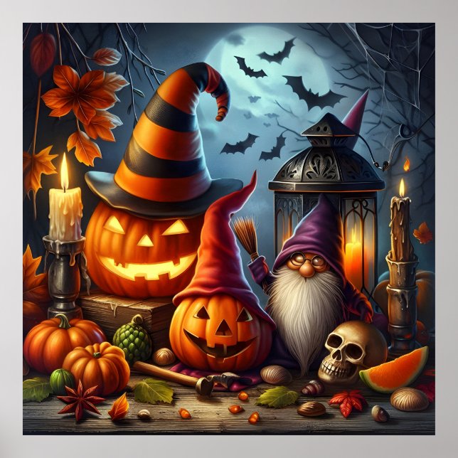 Poster Jack-O-Lanternas Spooky com Gnomo, Crânio e Morceg (Frente)