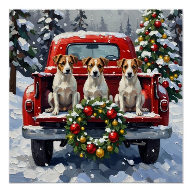 Póster Jack Russell Terrier Christmas Red Truck Holiday (Frente)