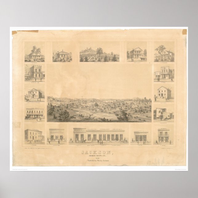 Póster Jackson, CA. Mapa Panorâmico 1857 (0766A) (Frente)