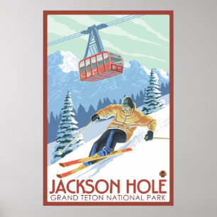 Póster Jackson Hole, Wyoming - esquiador e bonde
