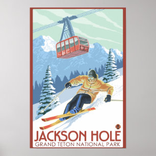 Póster Jackson Hole, Wyoming Skier e Tram