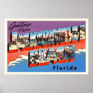 Póster Jacksonville Beach Flórida FL Antiga Viagem Souve