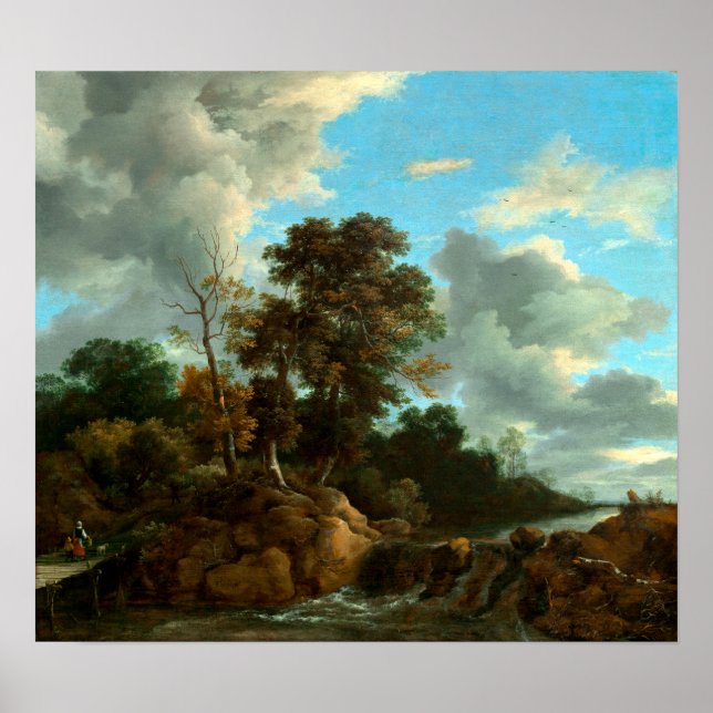 Poster Jacob van Ruisdael Waterfall com figuras (Frente)