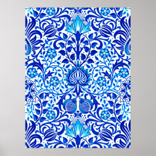 Poster Jacobean Floral Damask, Cobalt Azul e Branco