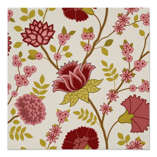 Póster Jacobean Floral Lg Pattern Reds Pinks Dourado Crea (Frente)