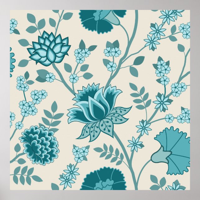 Poster Jacobean Floral Lg Patterna Teals em Creme (Frente)