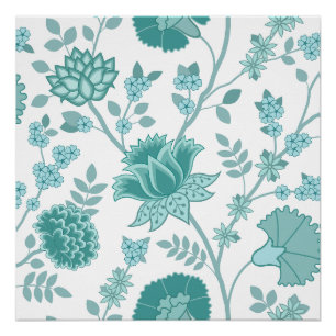 Póster Jacobean Floral Lg Patterno Teals em Branco