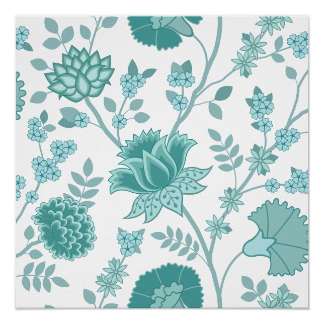Póster Jacobean Floral Lg Patterno Teals em Branco (Frente)