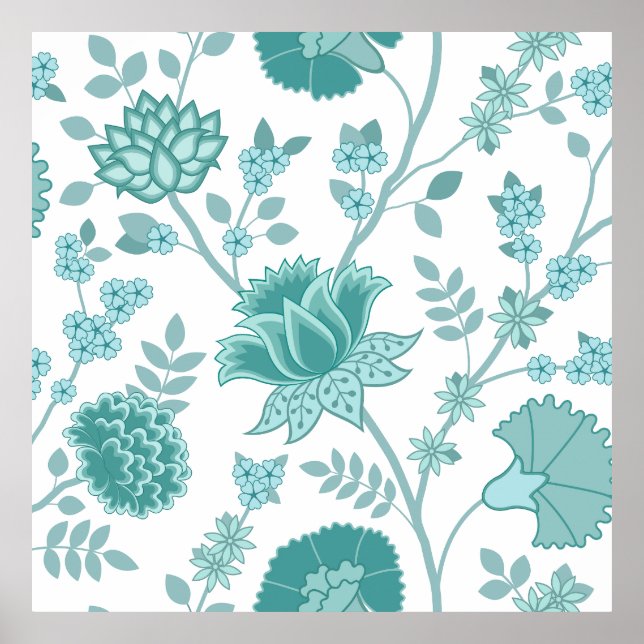 Poster Jacobean Floral Lg Patterno Teals em Branco (Frente)