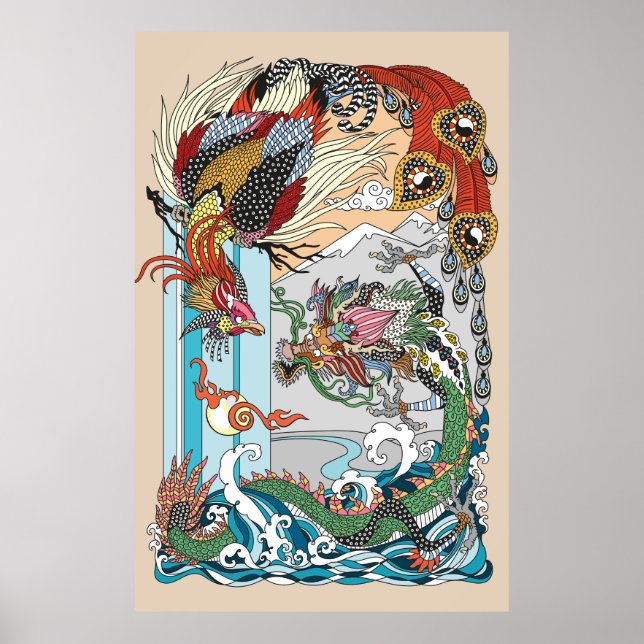 Poster Jade Dragon and Gold Phoenix playing with a pearl  (Frente)