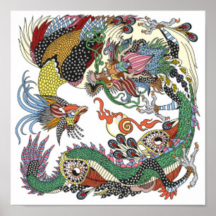 Poster Jade Dragon e Dourada Phoenix brincando com uma pé