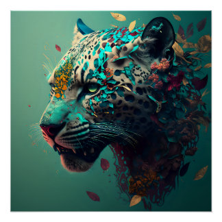 Póster Jaguar floral de chá e ouro