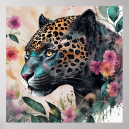 Poster Jaguar Watercolor Floral Trabalho de arte