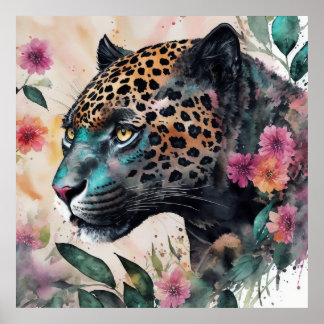 Poster Jaguar Watercolor Floral Trabalho de arte
