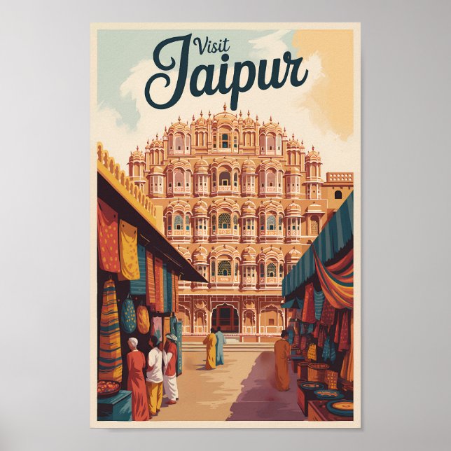 Poster Jaipur India Hawa Mahal Ilustração Viagem Art (Frente)