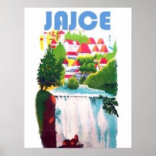 Poster Jajce, cachoeiras da Bósnia, Iugoslávia, Vintage