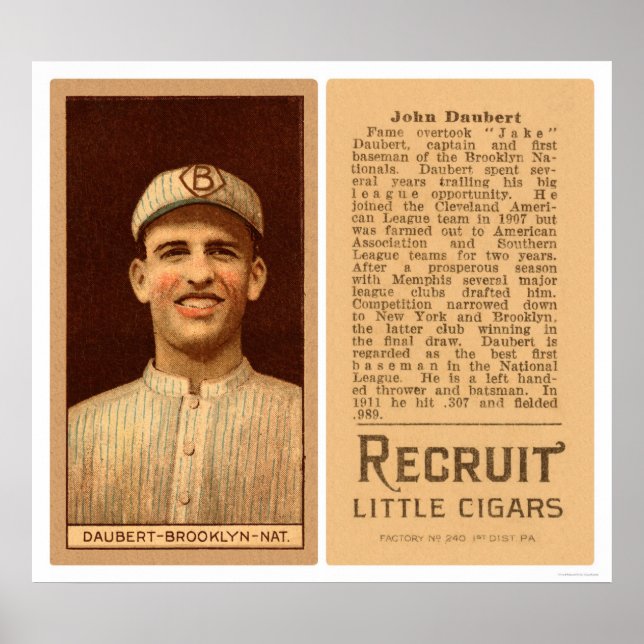 Poster Jake Daubert Dodgers Baseball 1912 (Frente)