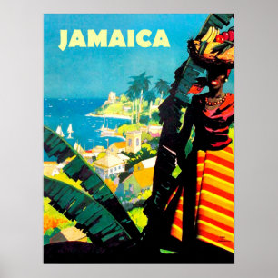 Poster Jamaica, mulher jamaicana com a cesta de fruta na