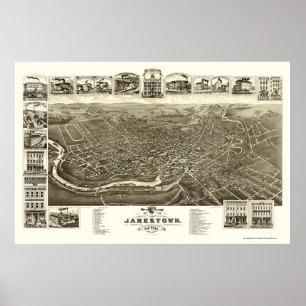 Poster Jamestown, mapa panorâmico de NY - 1882
