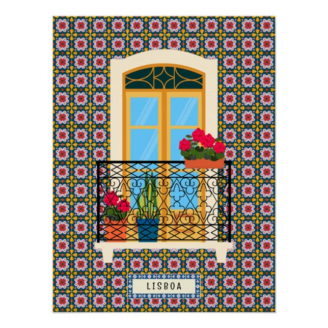 Póster Janela da casa de Lisboa com plantas e azulejos (Frente)