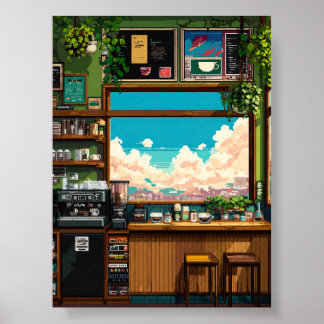 Poster Janela de Café Aconchegante Pixel art