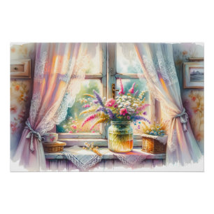 Póster Janela de Casa de Campo Ensolarada com Flores Silv