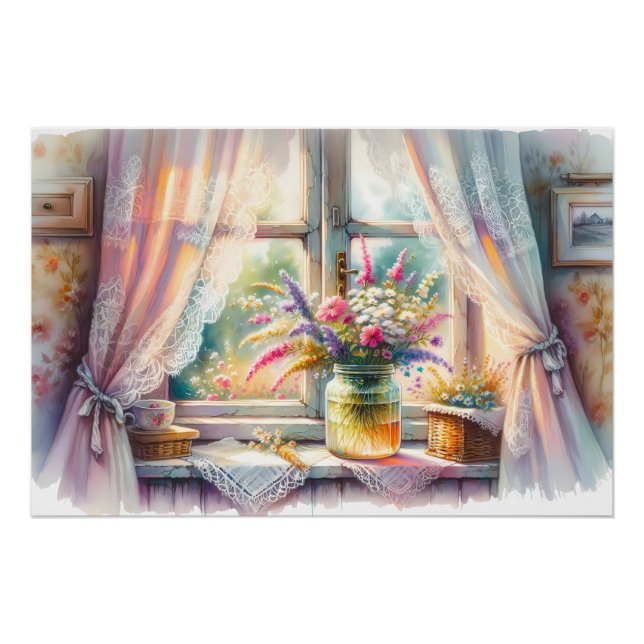 Póster Janela de Casa de Campo Ensolarada com Flores Silv (Frente)