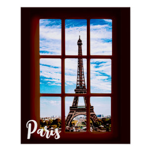 Póster Janela de madeira com vista na torre Eiffel, Paris