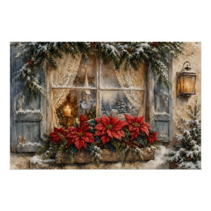 Póster Janela de Natal com Poinsettia Nevada