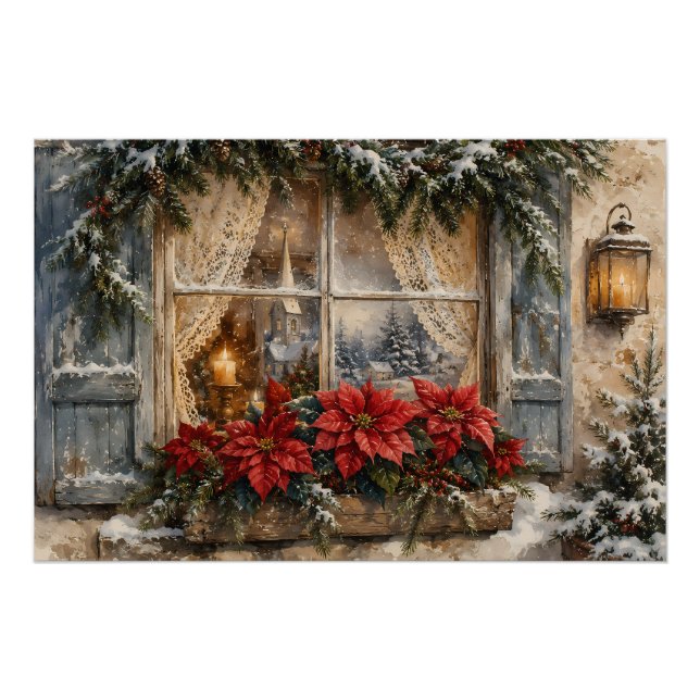 Póster Janela de Natal com Poinsettia Nevada (Frente)