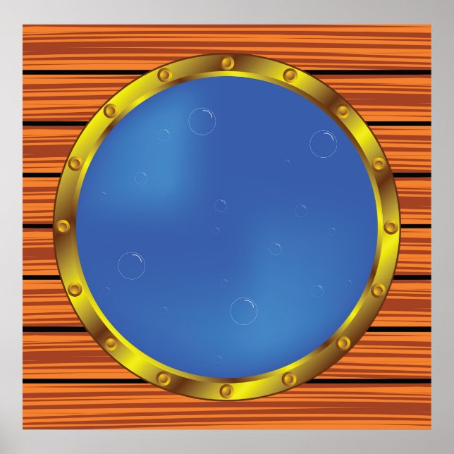 Poster Janela de Porão de Navio Náutico com Água Azul (Frente)