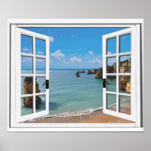 Poster Janela de relaxamento do falso da vista para o mar
