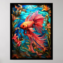 Poster Janela de Vidro Colorido com Peixe Betta Rosa