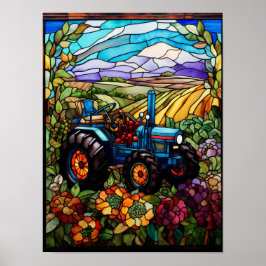 Poster Janela de Vidro Pintado Trator Azul da Fazenda