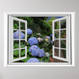 Póster Janela do falso da opinião do jardim do Hydrangea