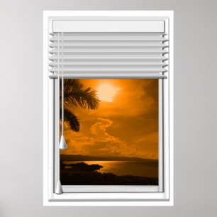 Póster Janela do falso da opinião do mar do por do sol