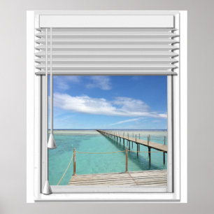 Poster Janela do falso da vista para o mar com cortinas